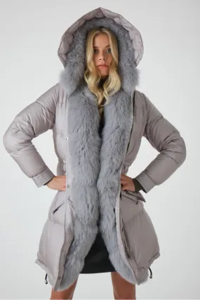 Doudoune gris clair plume d’oie et fourrure, Flo Clo - BENEDICT 2 Gris Fondant | Cesare Nori